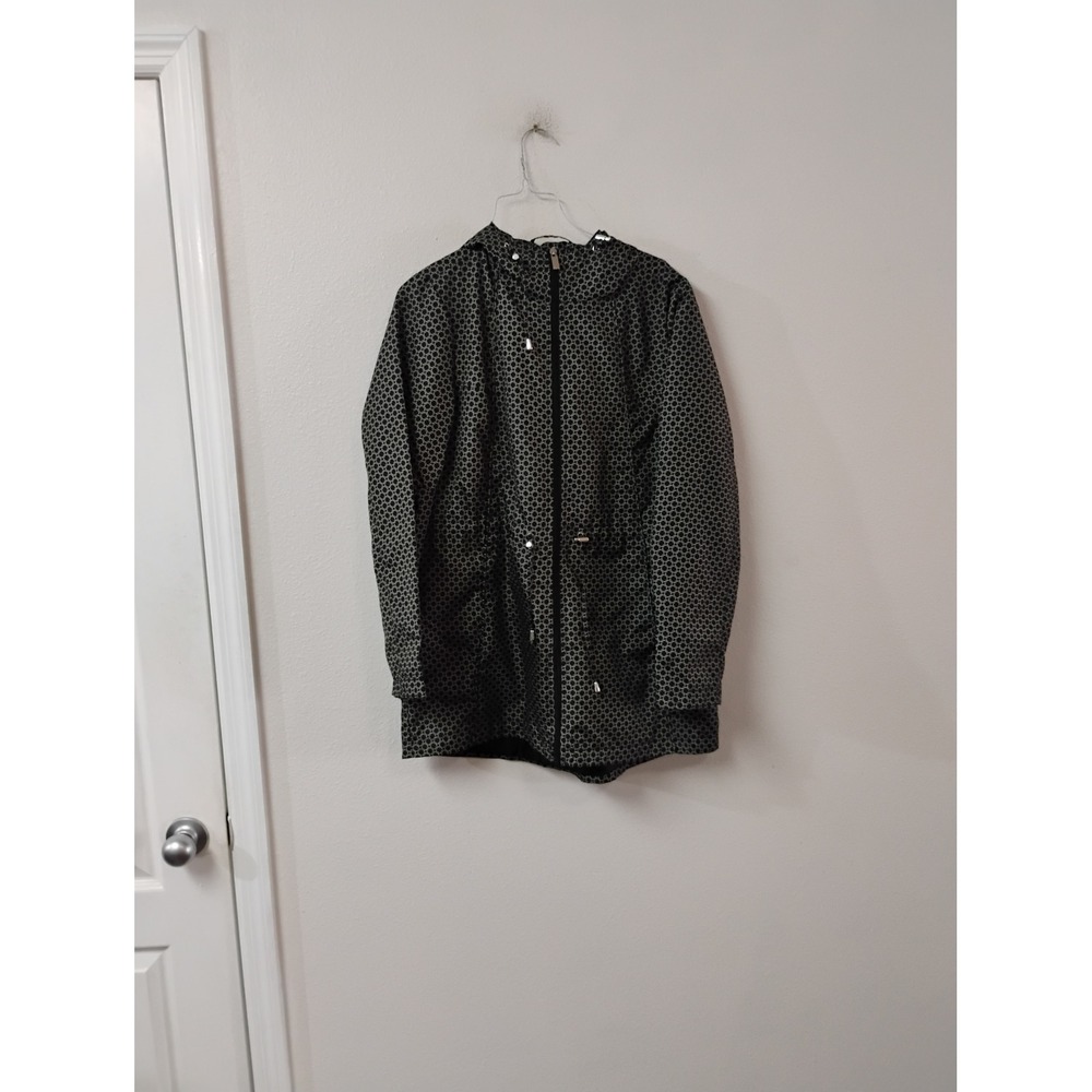 Jones New York Women Black White Geometric Print Hooded Rain Jacket Parka Size M